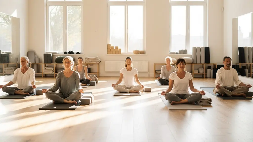 Séance de yoga en groupe avec des participants dans différentes variations d'une même posture, chacun explorant à son rythme