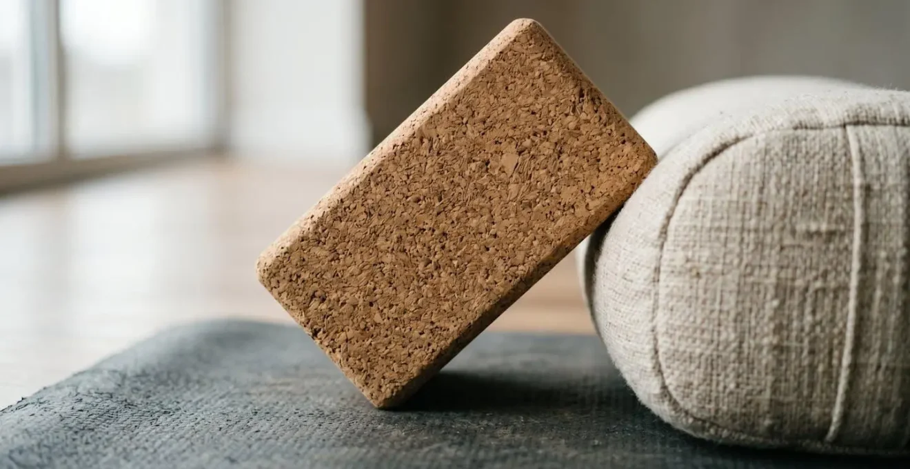 Accessoires de yoga disposés sur un tapis : briques en liège et bolster en lin naturel