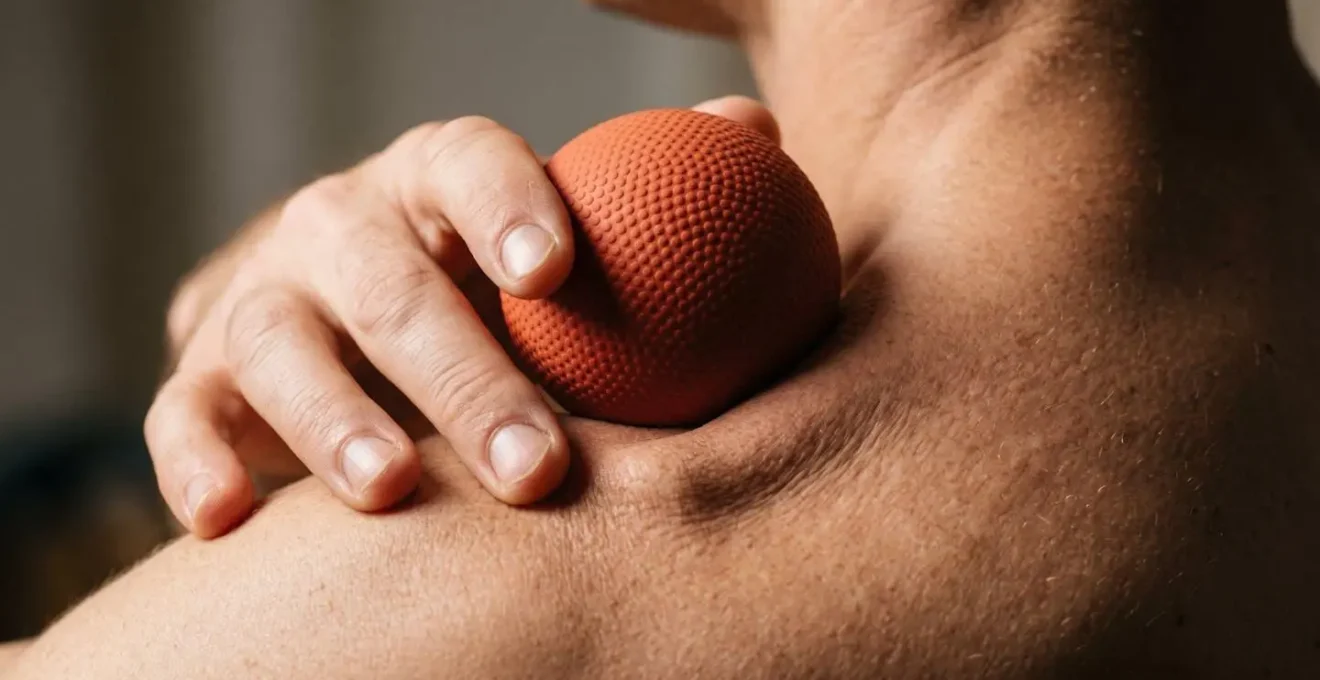 Gros plan sur une main appliquant une balle de massage sur un point trigger dans le muscle trapèze