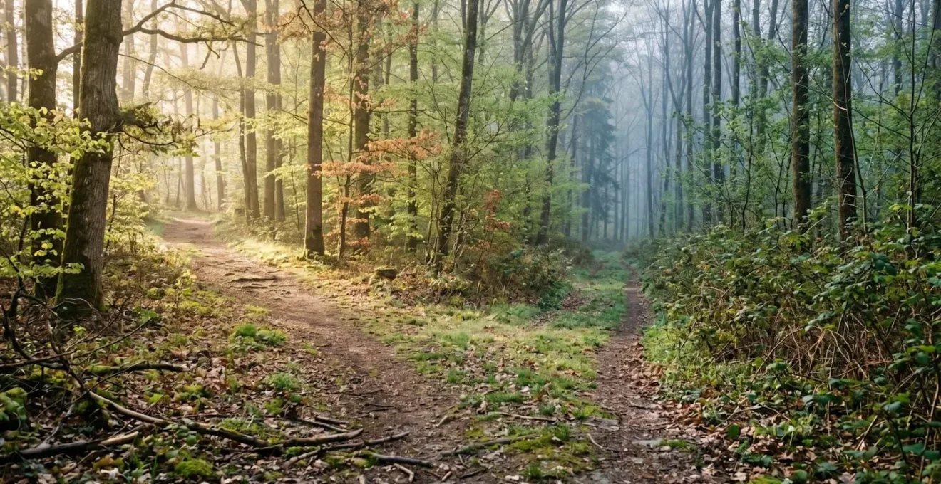 Chemin forestier se séparant en deux directions symbolisant le choix d'un nouveau parcours de vie