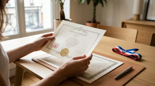 Professionnel examinant attentivement des certifications et documents officiels dans un bureau moderne