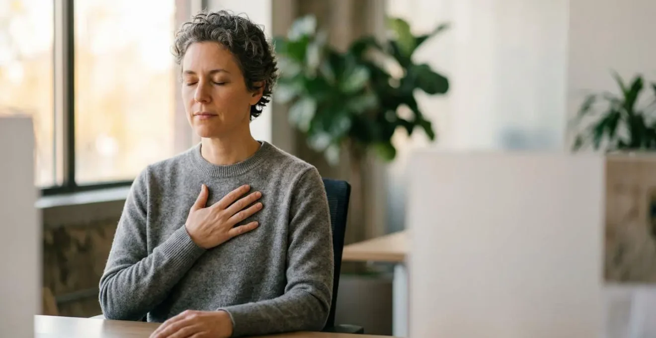 Professionnel au calme pratiquant des exercices de respiration dans un environnement de travail apaisé pour protéger sa santé cardiaque