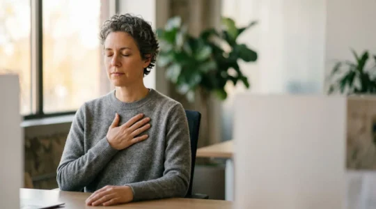 Professionnel au calme pratiquant des exercices de respiration dans un environnement de travail apaisé pour protéger sa santé cardiaque
