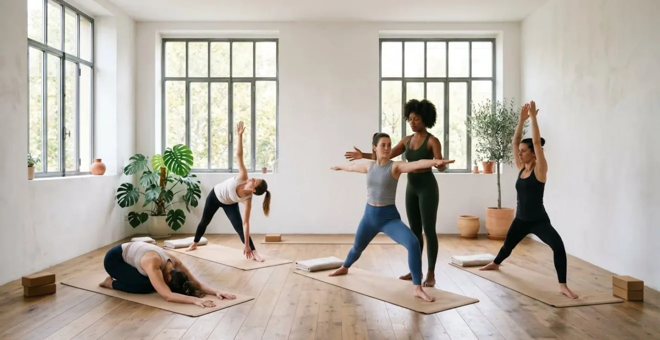 Ambiance chaleureuse d'un cours de yoga en petit groupe avec accompagnement personnalisé