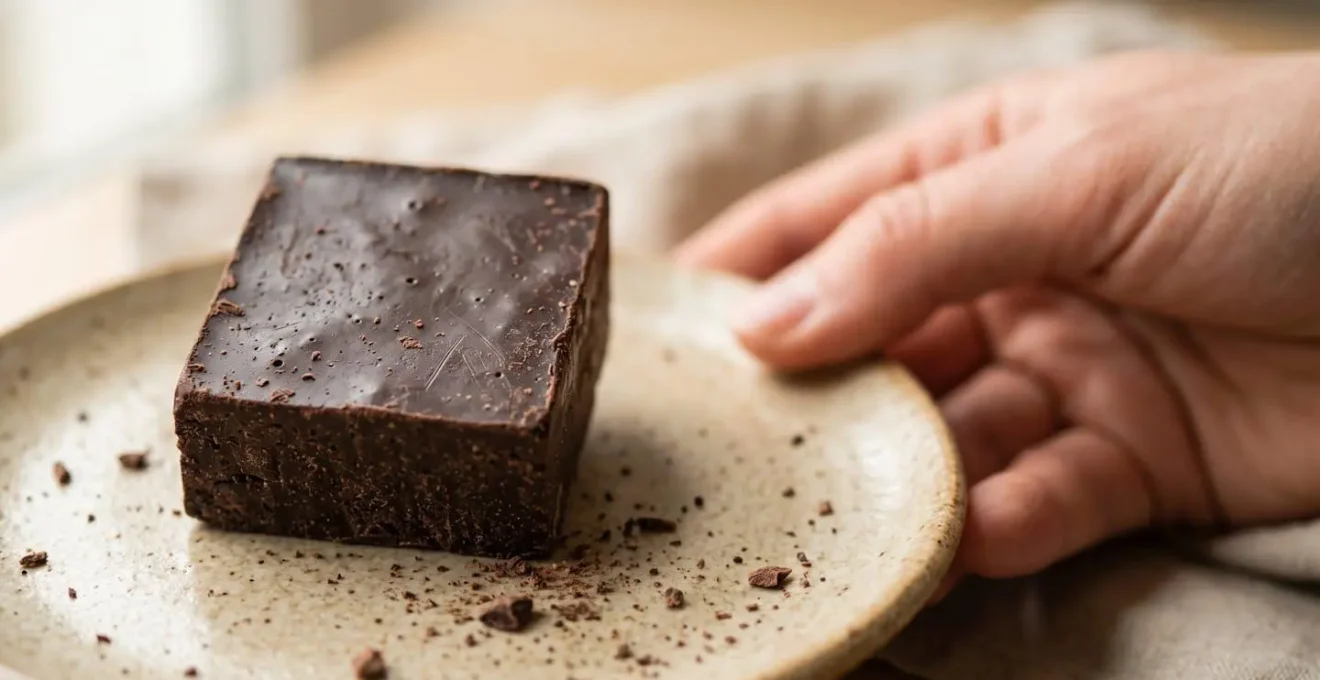 Gros plan macro sur un carré de chocolat révélant sa texture riche et ses détails sensoriels