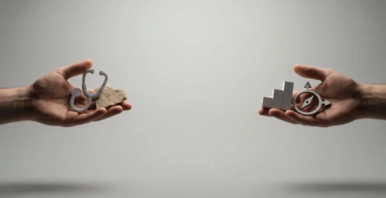 Deux mains tendues dans des directions opposées symbolisant le choix entre accompagnement thérapeutique et coaching professionnel