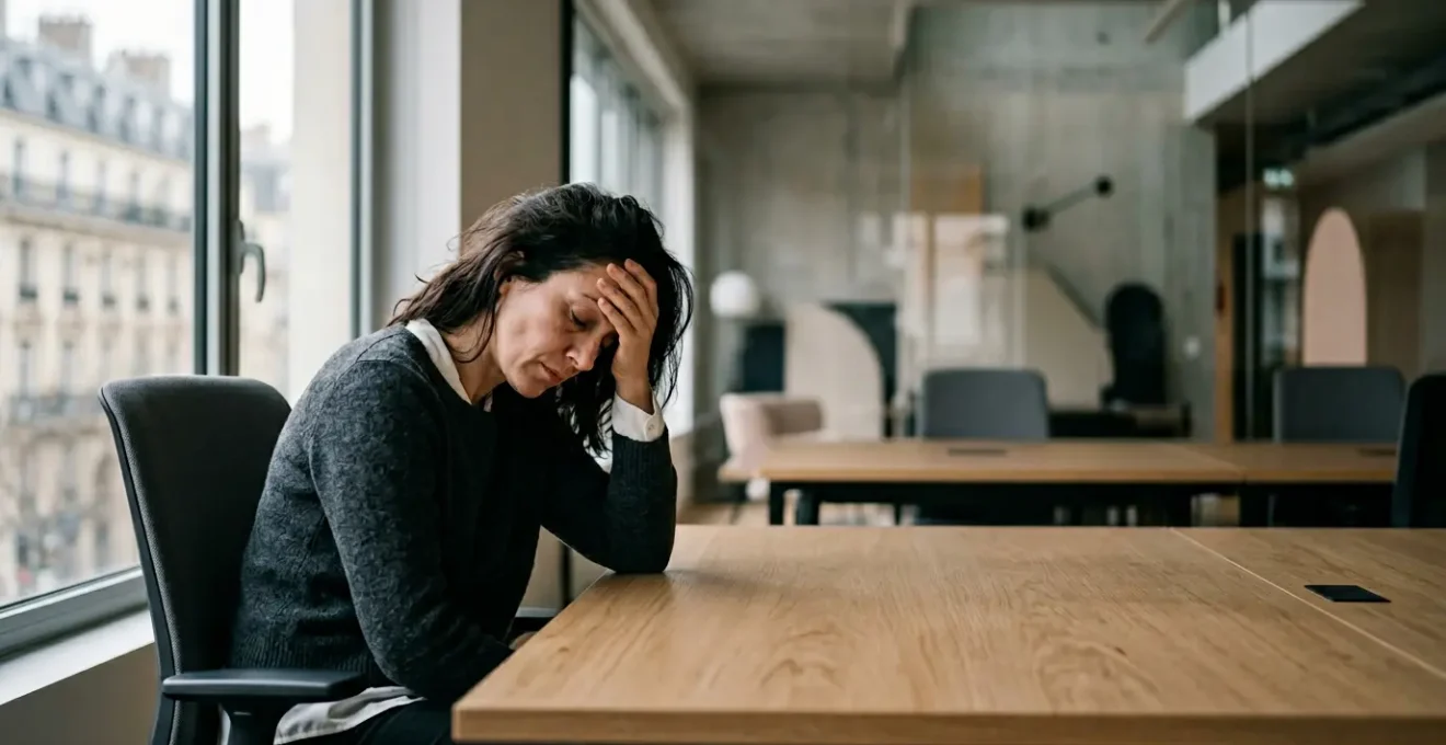 Personne fatiguée en fin de journée dans un environnement professionnel moderne