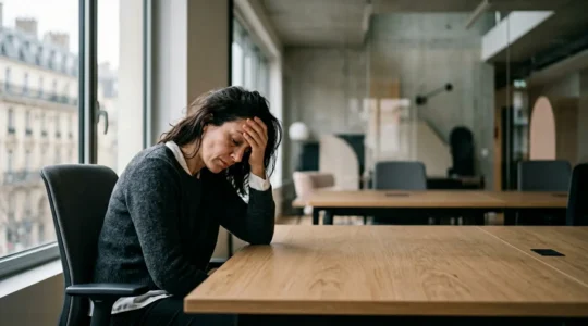 Personne fatiguée en fin de journée dans un environnement professionnel moderne