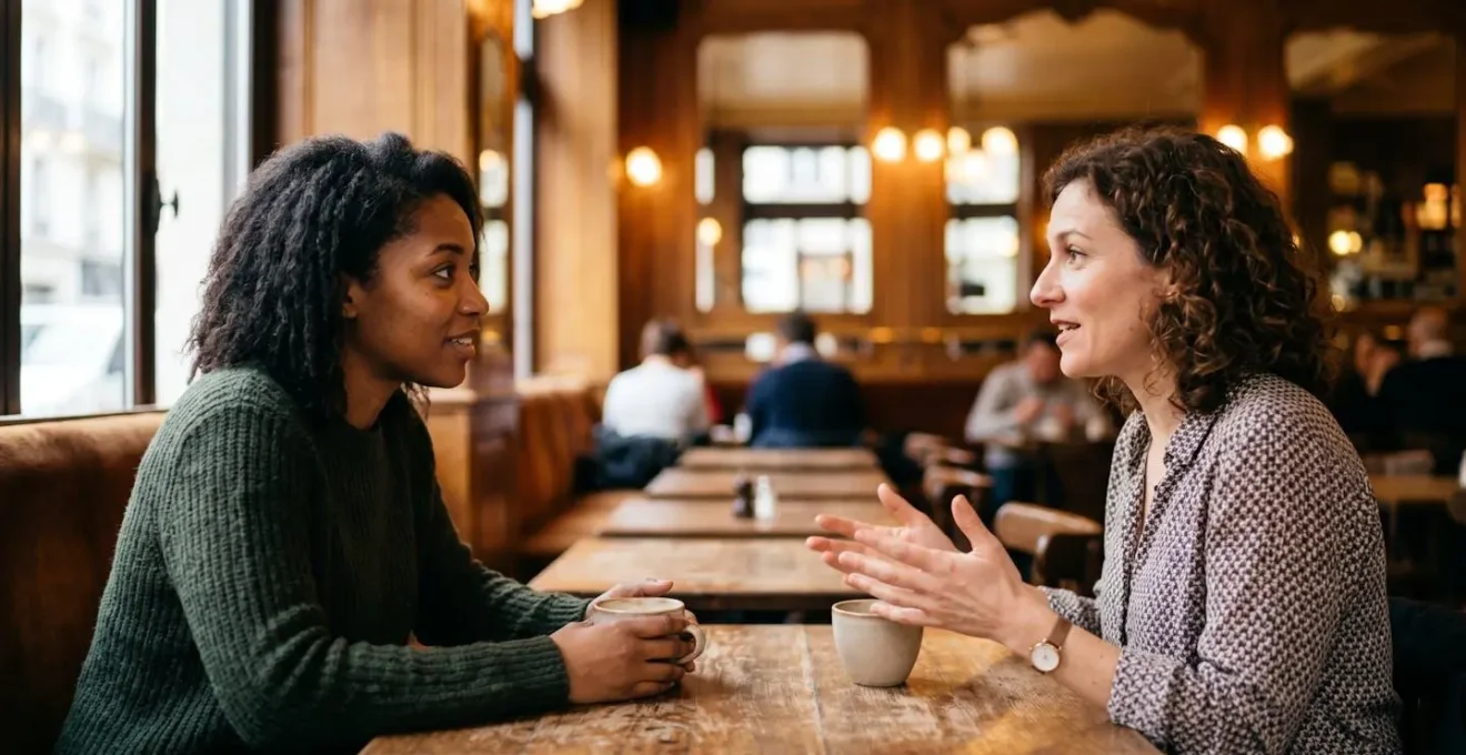 Deux personnes en conversation authentique illustrant l'écoute profonde et la présence