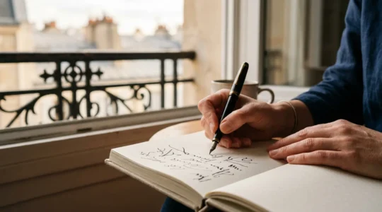 Personne écrivant dans un carnet intime au lever du jour