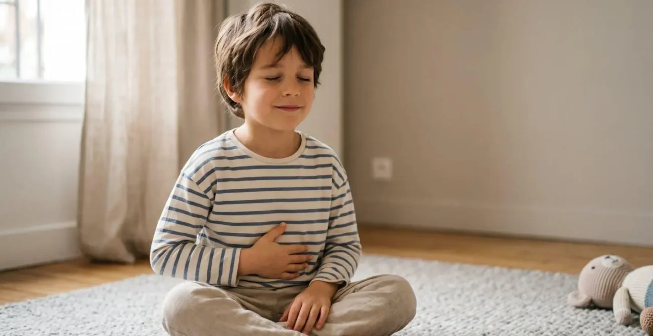 Enfant pratiquant un exercice de respiration ludique dans un cadre apaisant