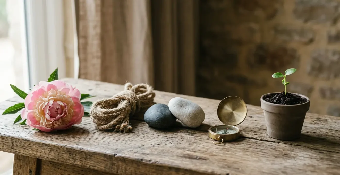 Composition symbolique représentant les cinq piliers du modèle PERMA pour construire un bonheur durable