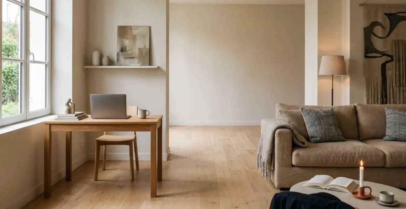 Vue large et minimaliste d'un espace symbolisant l'équilibre entre vie professionnelle et vie personnelle