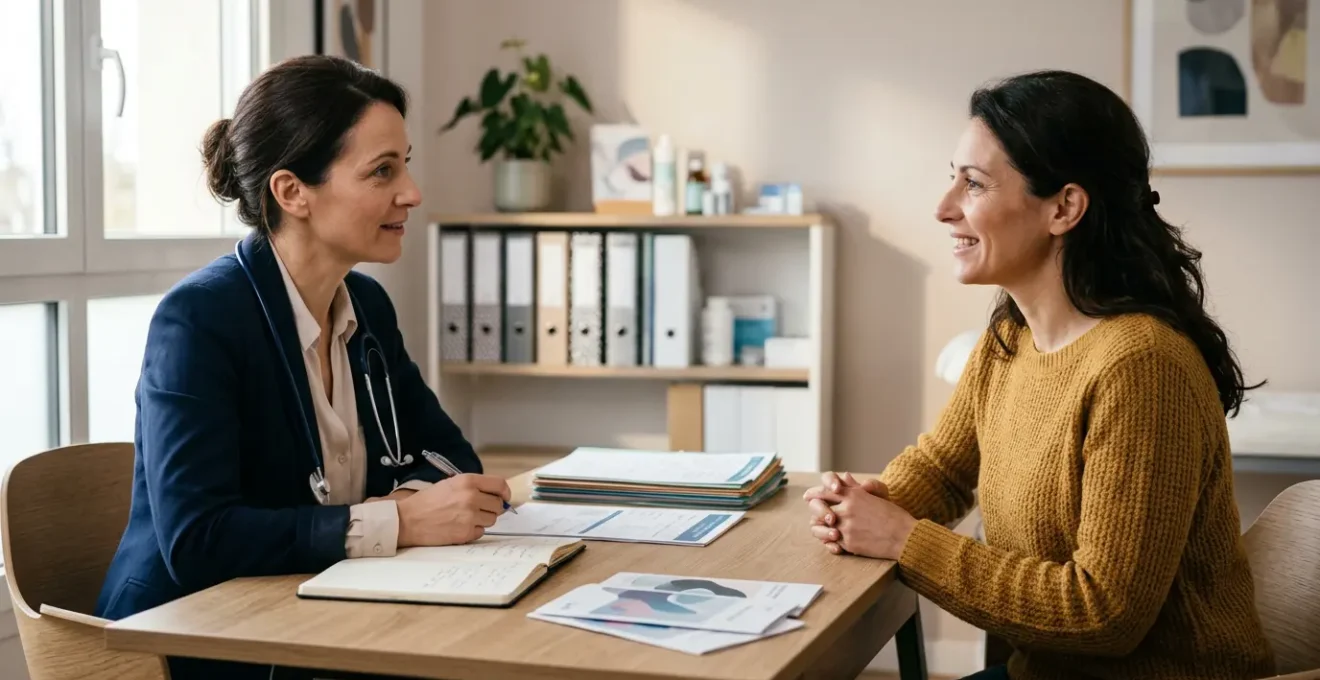 Consultation médicale préventive avec médecin et patient discutant d'un bilan de santé complet