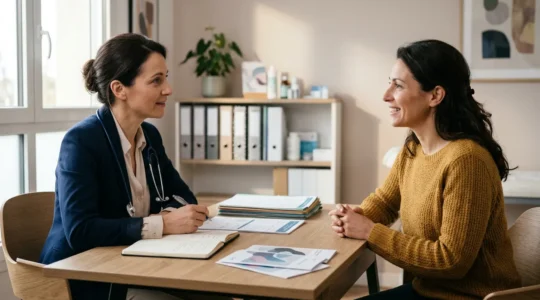 Consultation médicale préventive avec médecin et patient discutant d'un bilan de santé complet