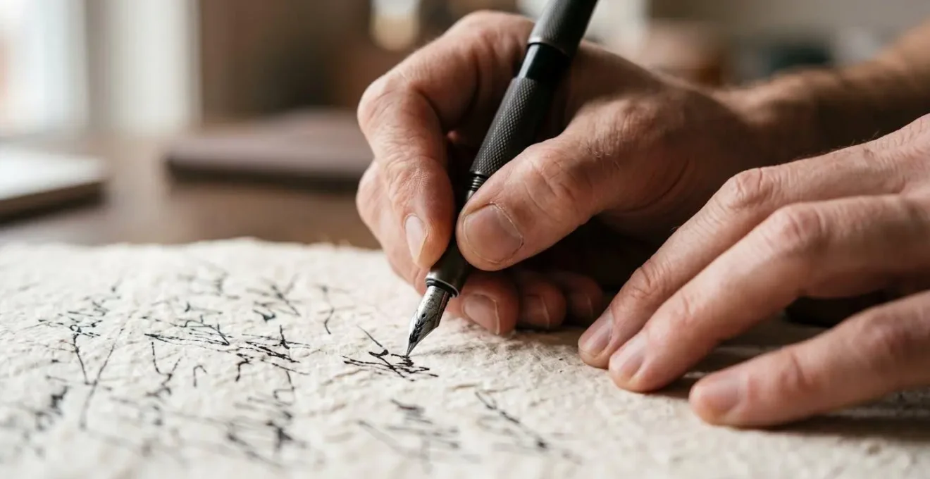 Mains tenant un stylo au-dessus d'un carnet lors d'un moment de tension