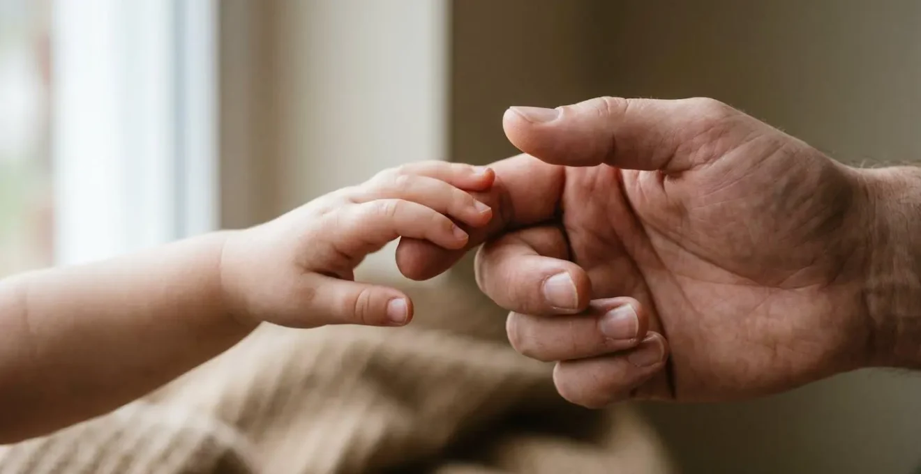 Mains d'un parent et d'un enfant se touchant délicatement, symbolisant le lien affectif fondateur