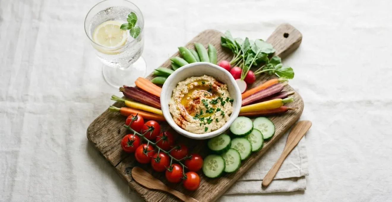 Assiette équilibrée de légumes frais colorés et verre d'eau illustrant une alimentation saine