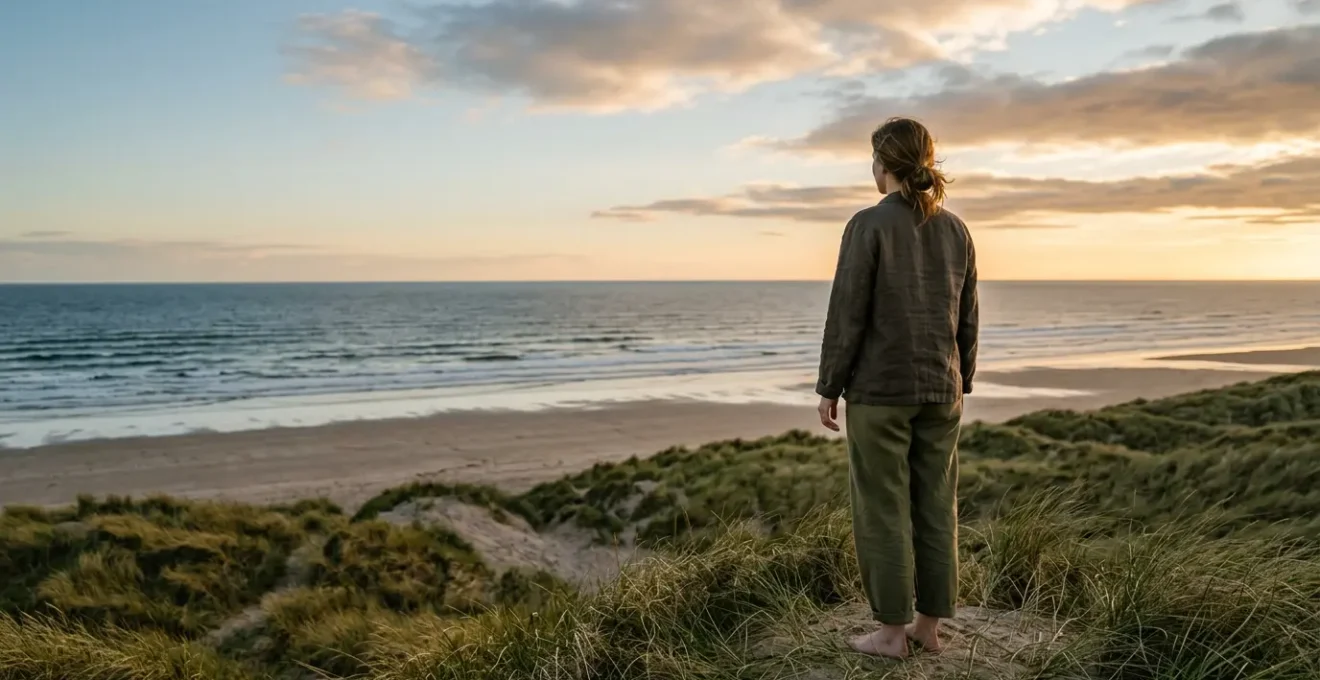 Personne seule dans un espace ouvert contemplant l'horizon, symbolisant la libération du regard des autres