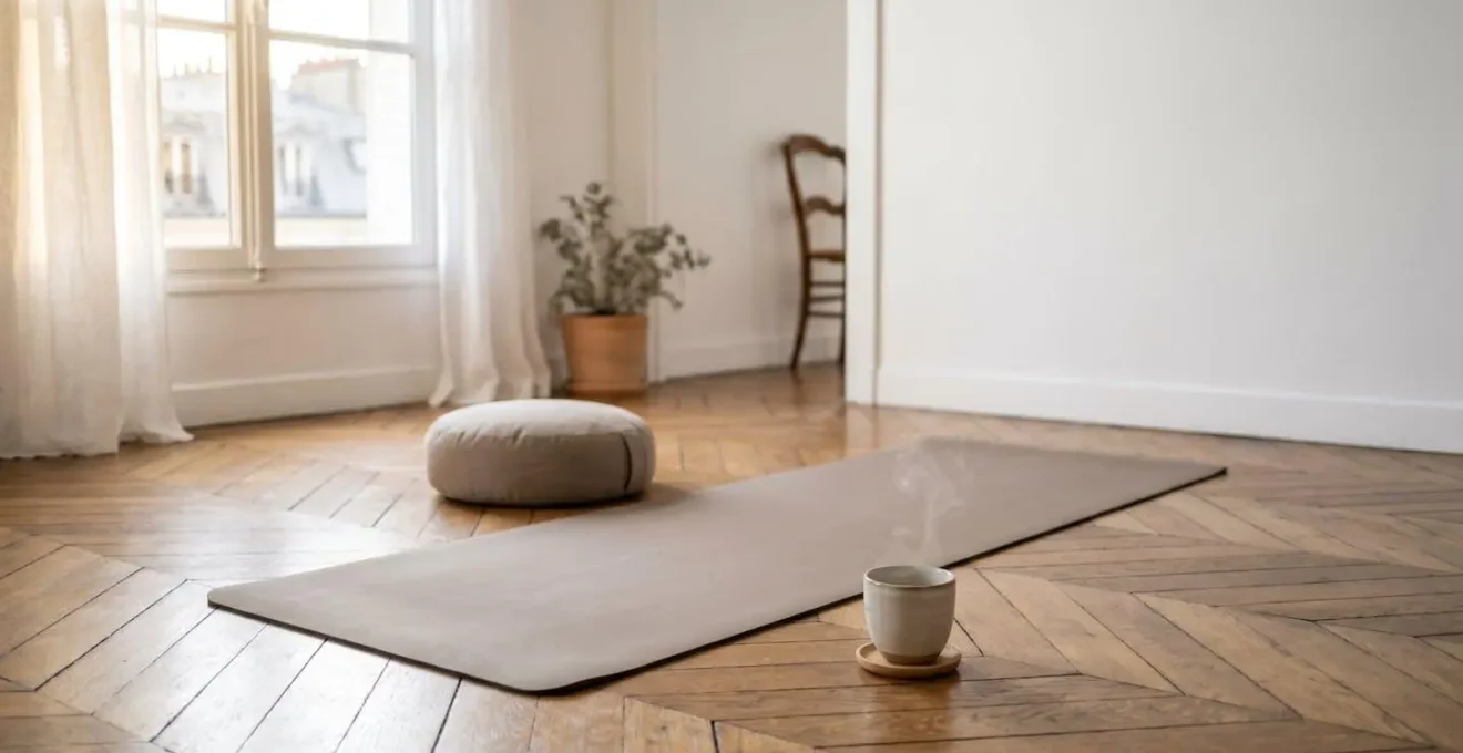 Atmosphère apaisante d'une pratique de yoga montrant l'ouverture des hanches et la connexion corps-esprit