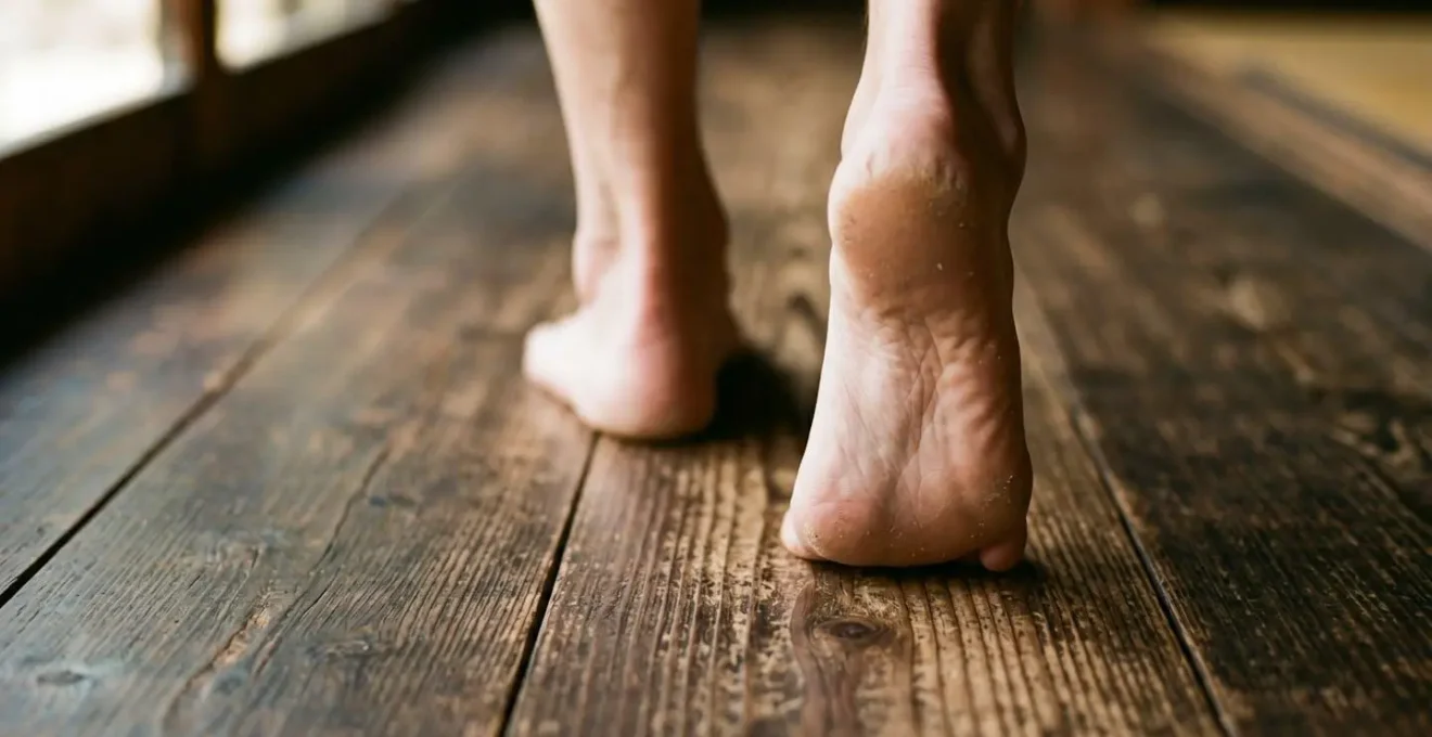 Pieds en position de marche méditative kinhin avec une synchronisation du mouvement et de la respiration