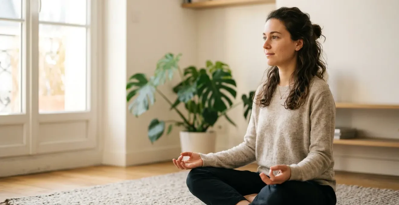 Personne assise en méditation dans un espace lumineux, les yeux ouverts, concentrée et éveillée