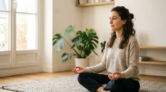 Personne assise en méditation dans un espace lumineux, les yeux ouverts, concentrée et éveillée