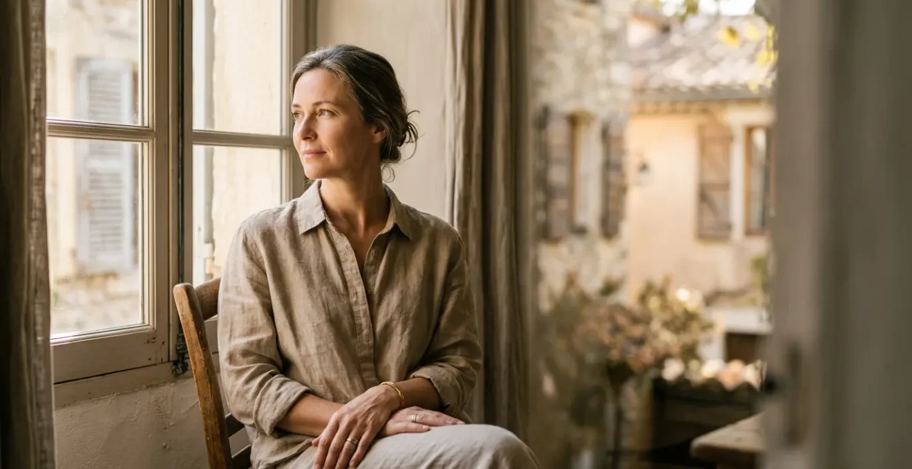 Personne mature concentrée dans un environnement calme propice à la réflexion et au bien-être mental