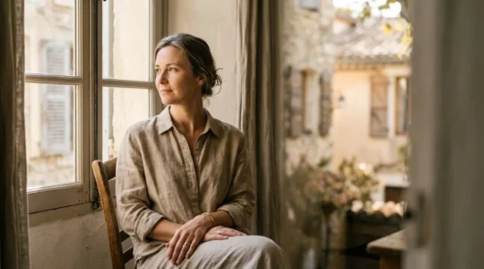 Personne mature concentrée dans un environnement calme propice à la réflexion et au bien-être mental