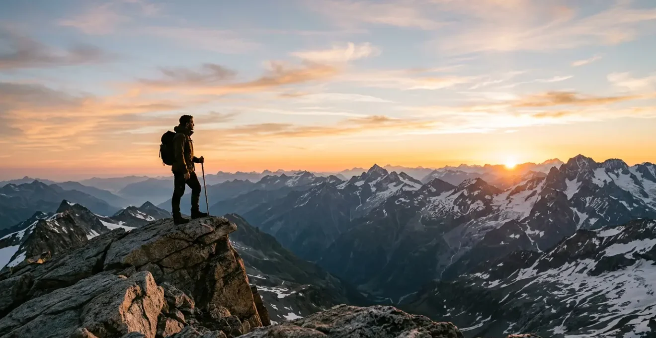 Entrepreneur au sommet d'une montagne contemplant l'horizon au lever du soleil