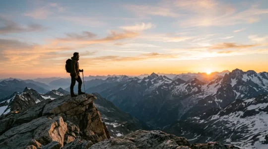 Entrepreneur au sommet d'une montagne contemplant l'horizon au lever du soleil