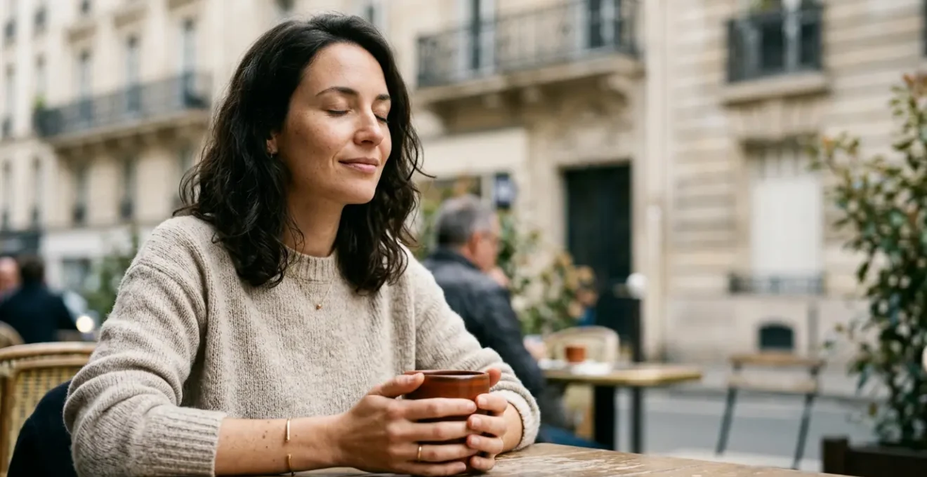 Personne savourant consciemment un moment de calme dans un environnement urbain français