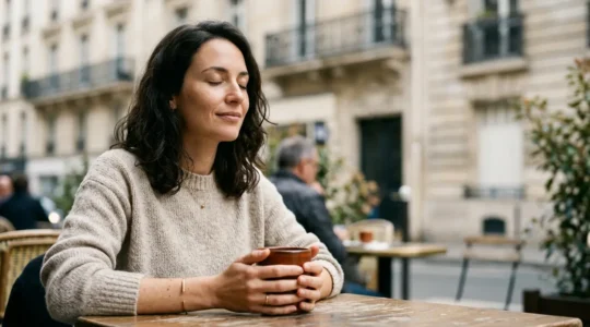 Personne savourant consciemment un moment de calme dans un environnement urbain français