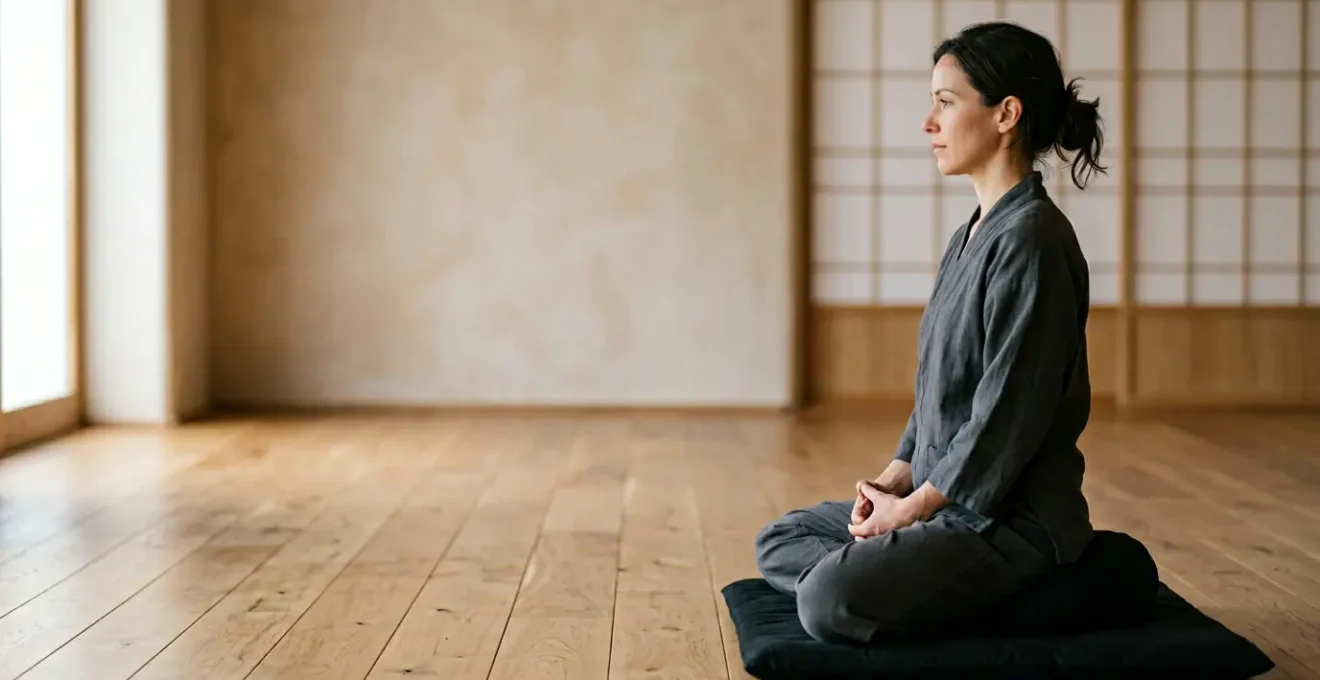 Pratiquant de méditation zen en posture de zazen sur coussin traditionnel dans un espace minimaliste