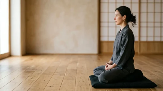 Pratiquant de méditation zen en posture de zazen sur coussin traditionnel dans un espace minimaliste