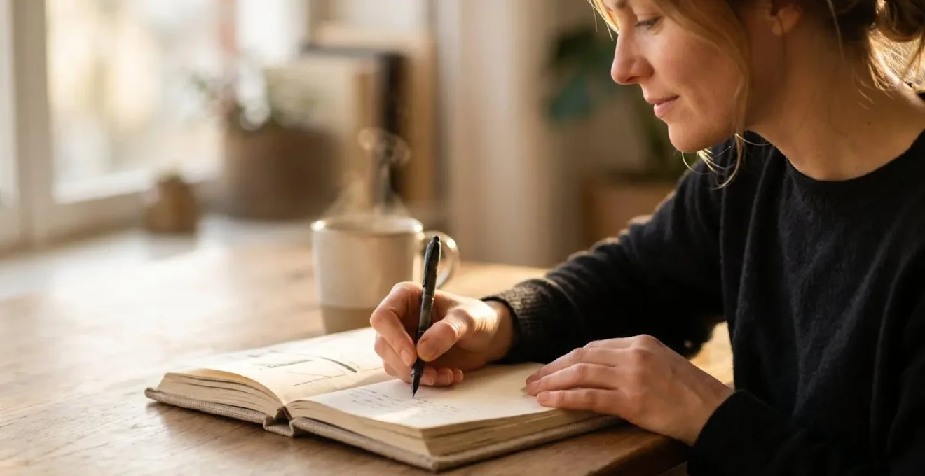 Scène intimiste illustrant la pratique quotidienne de la gratitude et son impact sur le cerveau