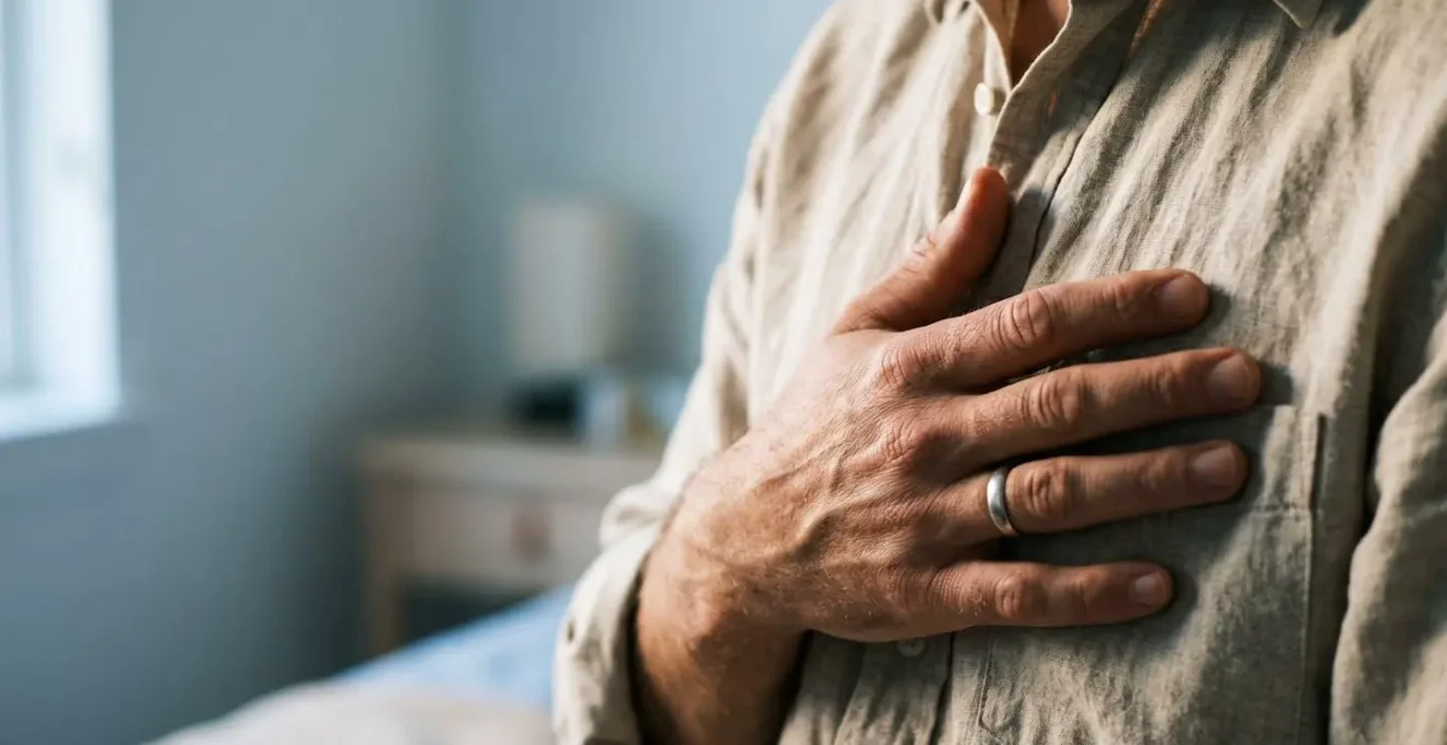 Main posée sur le cœur dans une ambiance matinale apaisante avec lumière naturelle douce