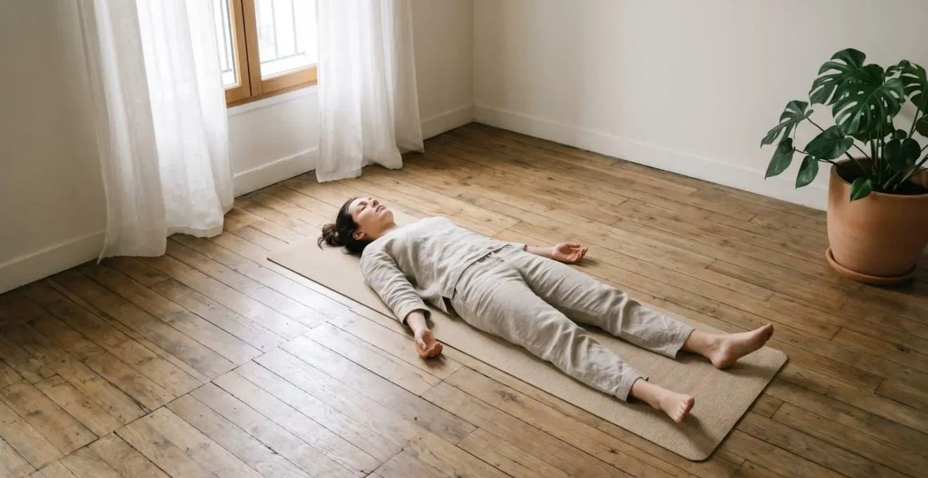 Personne allongée sur tapis de yoga pratiquant le body scan dans un espace calme et minimaliste