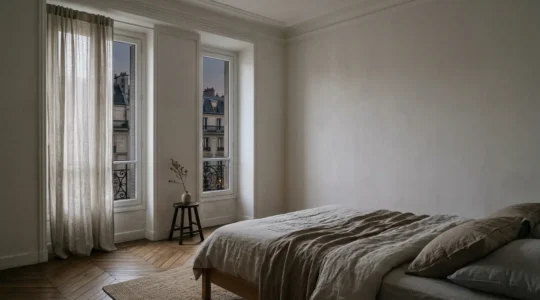 Chambre sereine avec lumière naturelle douce et espace de repos pour un sommeil profond réparateur