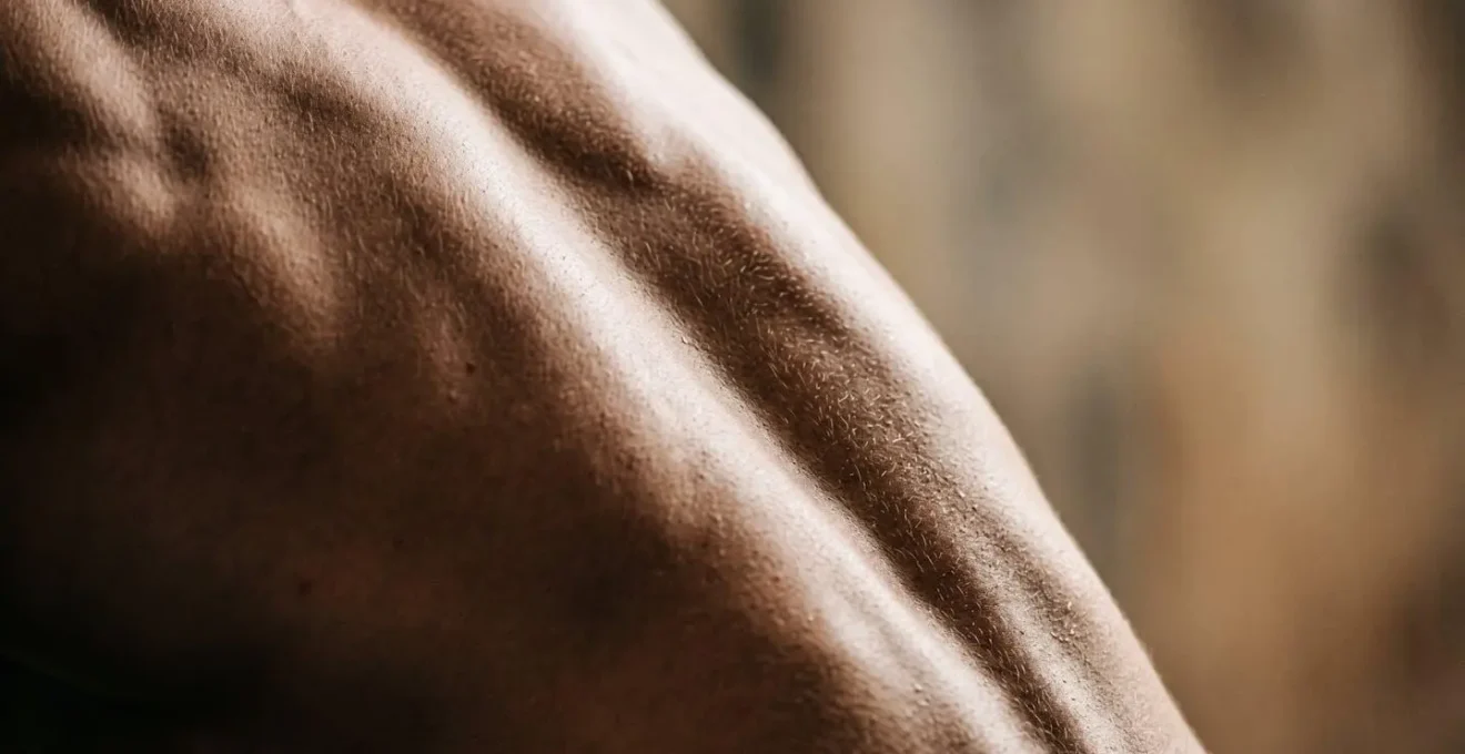 Gros plan sur les muscles du dos en tension avec jeu de lumiere et ombre