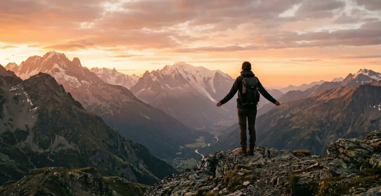 Personne debout face à un paysage de montagne au lever du soleil symbolisant la transformation personnelle et la résilience