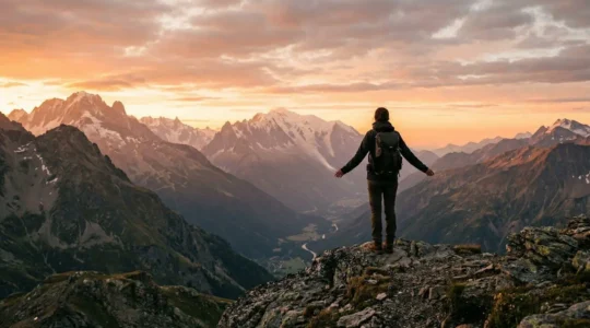 Personne debout face à un paysage de montagne au lever du soleil symbolisant la transformation personnelle et la résilience