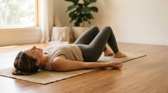 Personne pratiquant une technique de relaxation corporelle profonde dans un environnement apaisant
