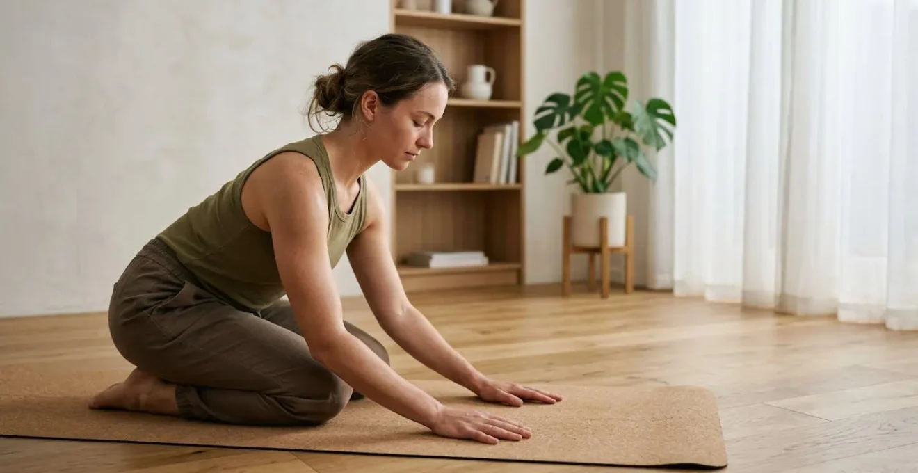 Personne pratiquant une posture de yoga dans un espace lumineux et épuré