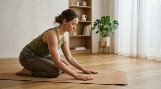 Personne pratiquant une posture de yoga dans un espace lumineux et épuré