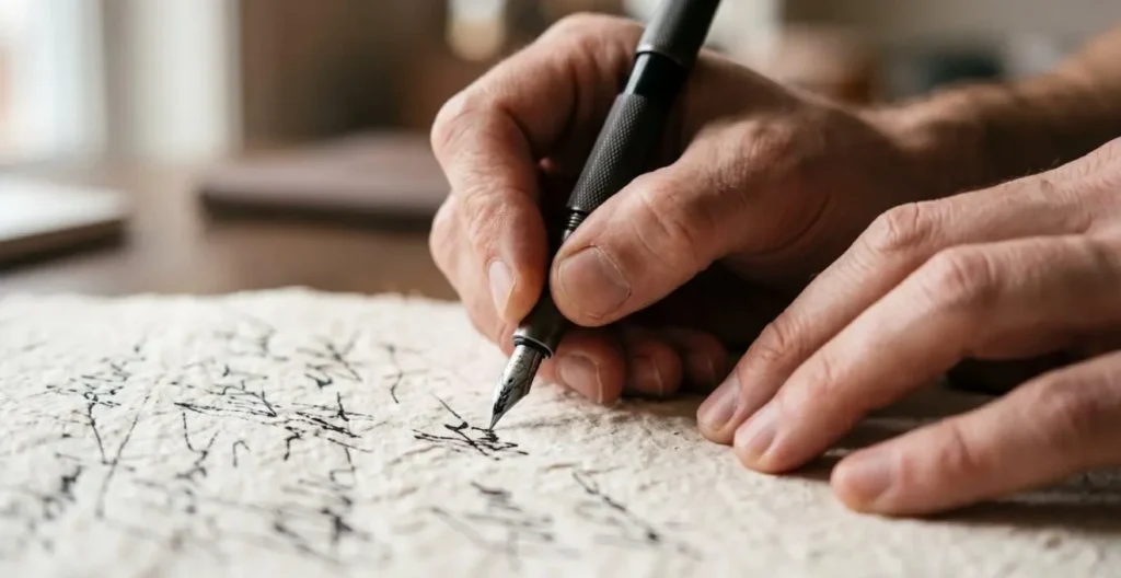 Mains tenant un stylo au-dessus d'un carnet lors d'un moment de tension Mains tenant un stylo au-dessus d'un carnet lors d'un moment de tension